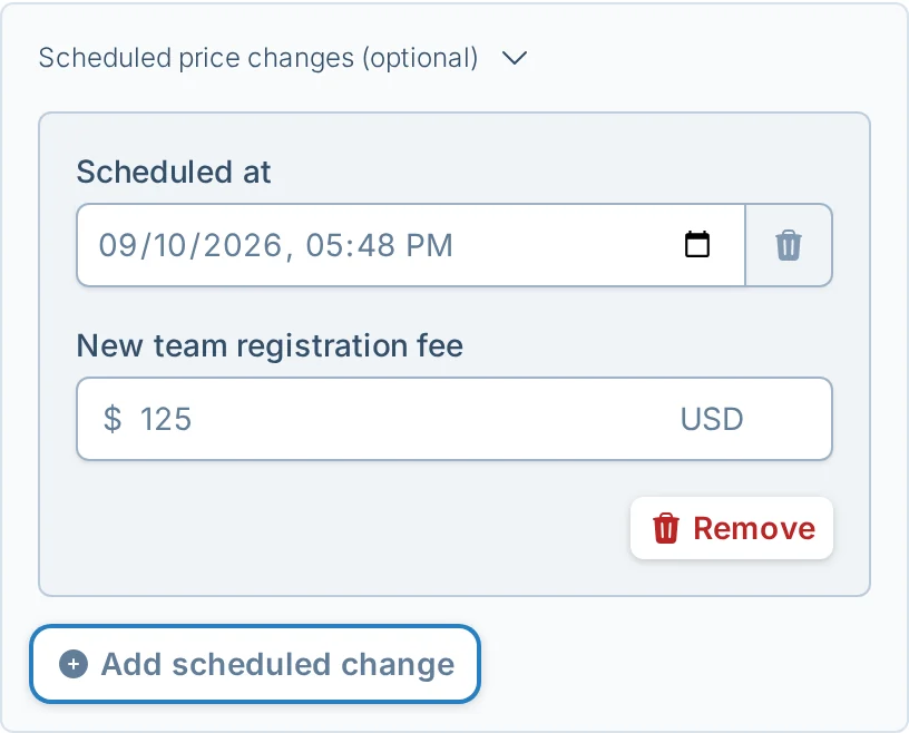 Scheduled registration price change controls in kickin.love, a kickball league signup pricing screen
