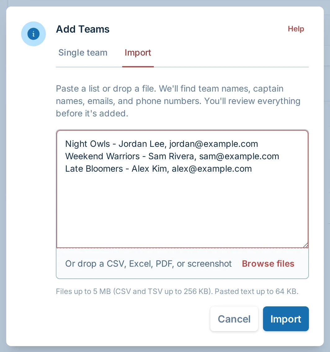 Import teams dialog in kickin.love, a kickball team management tool