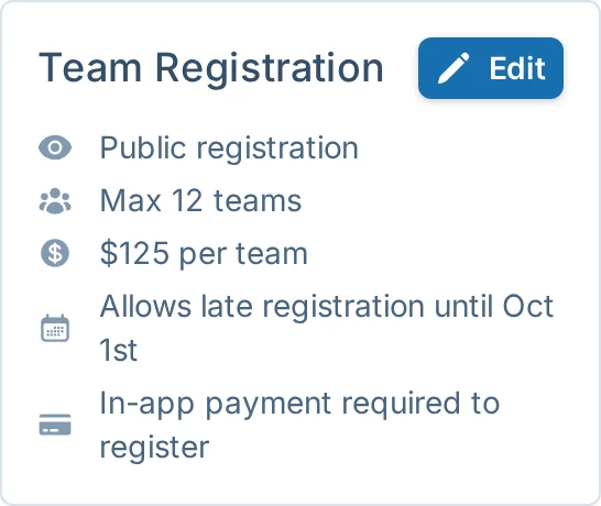 Team registration summary in kickin.love, a kickball signup platform for league managers