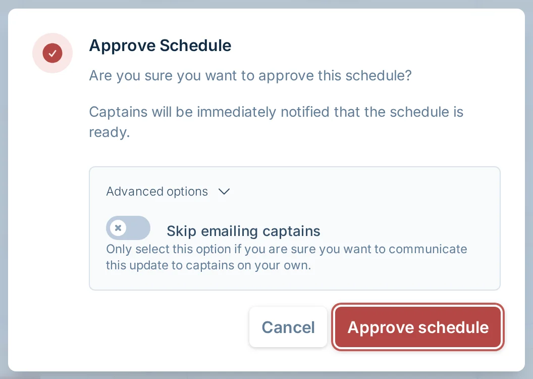 Approve Schedule dialog in kickin.love, a kickball scheduling review tool for league managers