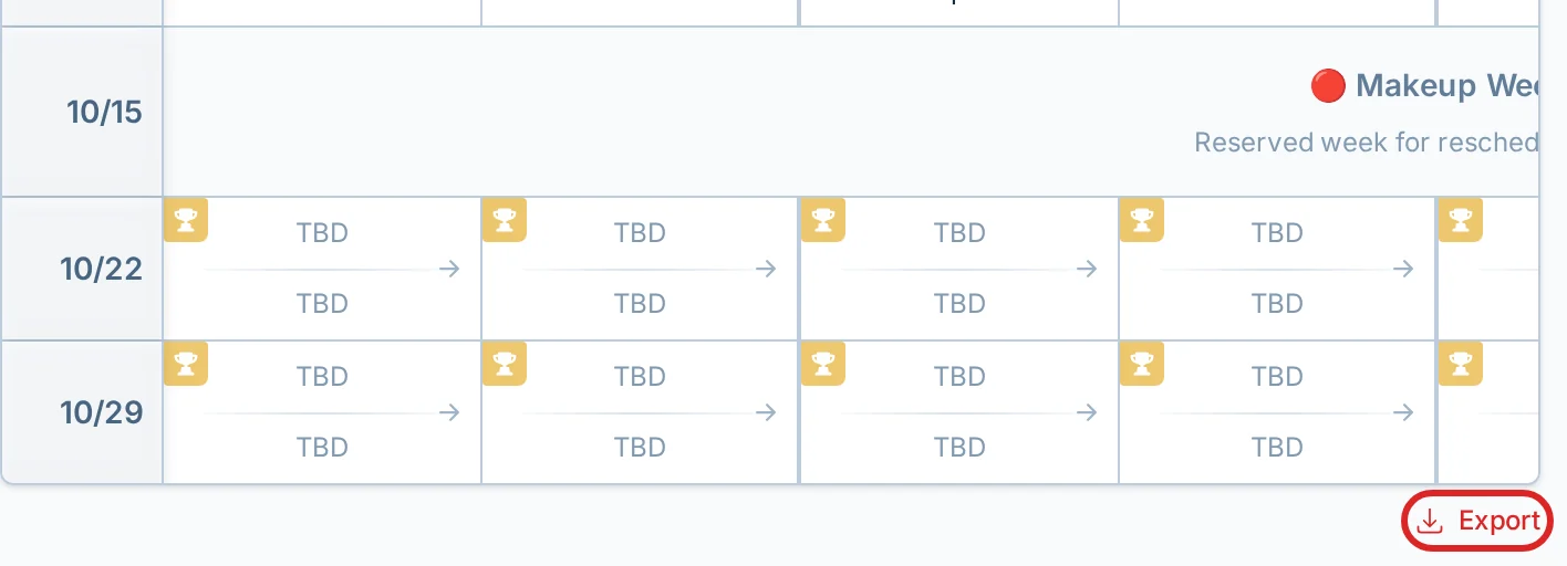 The Export control below a league schedule in kickin.love
