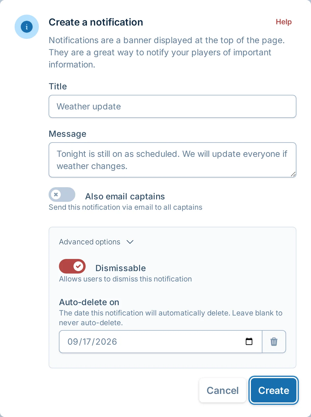 Notification advanced options in kickin.love, a kickball league manager communication tool
