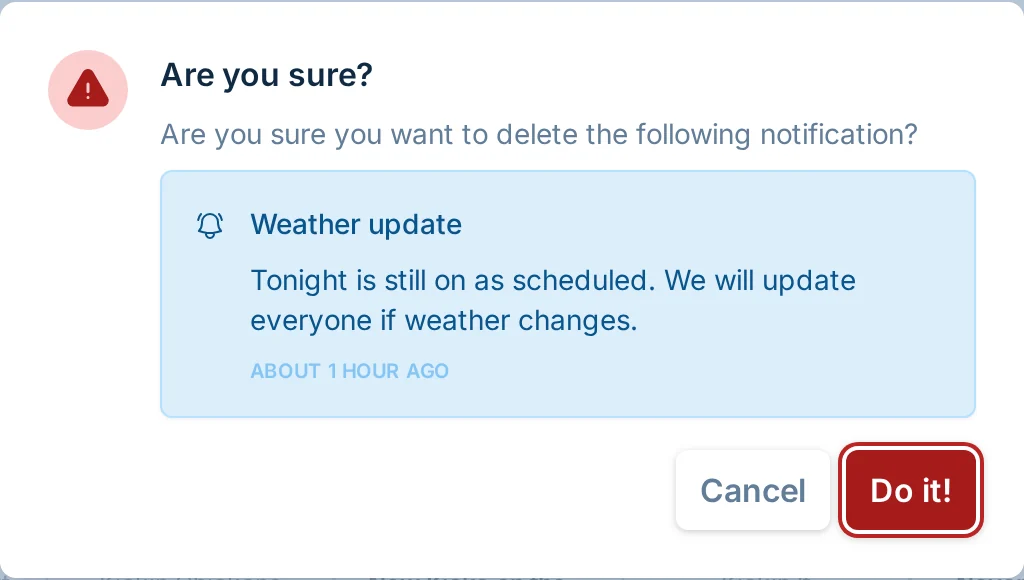 Delete notification confirmation in kickin.love, a kickball league manager communication tool