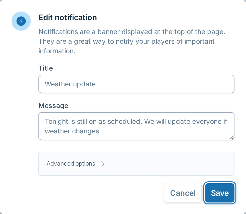 Edit notification dialog in kickin.love, a kickball league manager communication tool