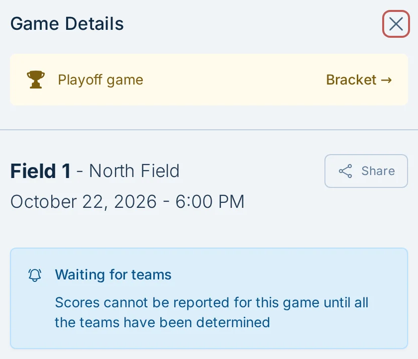 Playoff game details with a bracket link in kickin.love, a kickball score reporting app