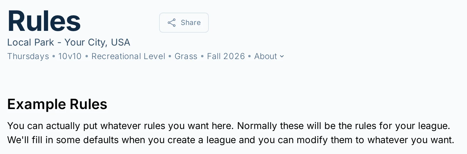 Rules page in kickin.love, a kickball league management app